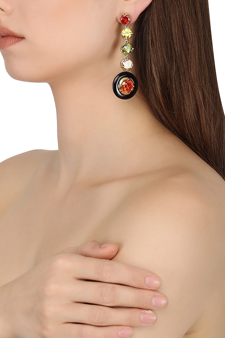 Gold plated black onyx and multi-coloured cubic zirconia stones five drop earrings available only at Pernia's Pop Up Shop.