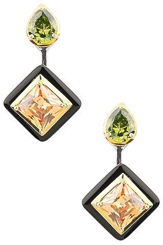 Gold Plated Black Onyx, Green and Peach Cubic Zirconia Stones Drop Earrings by RockkRagaa