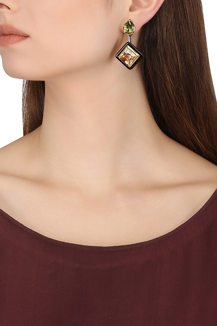 Gold plated black onyx, green and peach cubic zirconia stones drop earrings available only at Pernia's Pop Up Shop.