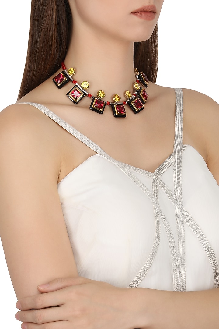 Gold plated black onyx, red and yellow cubic zirconia stones necklace available only at Pernia's Pop Up Shop.