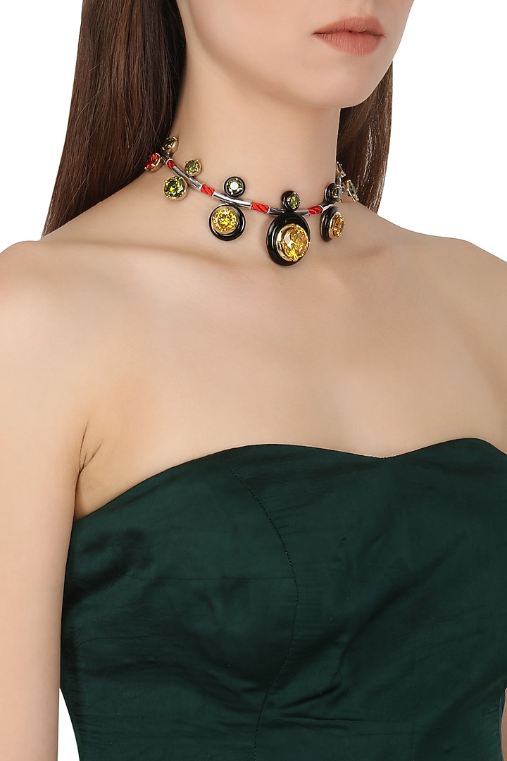 Gold plated black onyx and multi-coloured cubic zirconia stones necklace available only at Pernia's Pop Up Shop.