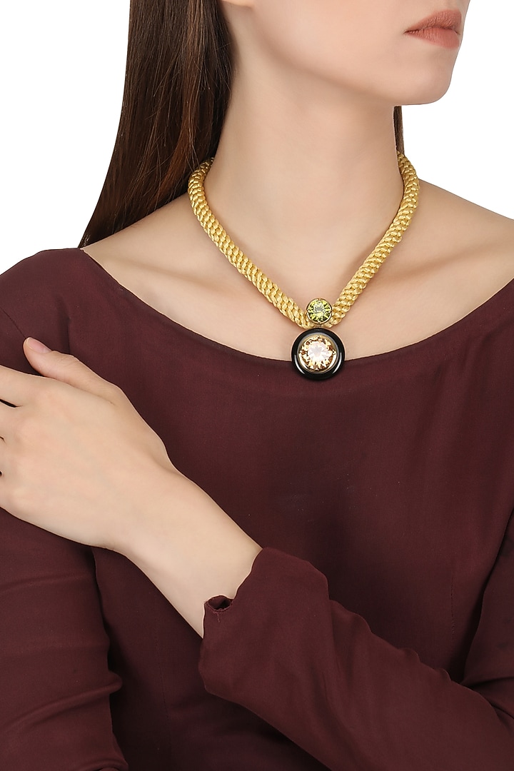 Gold plated black onyx, peach and green cubic zirconia stones pendant necklace available only at Pernia's Pop Up Shop.