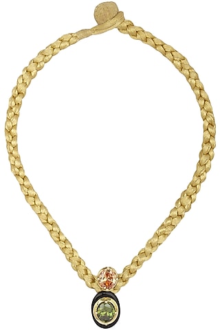 Gold Plated Oval Black Onyx, Peach and Green Cubic Zirconia Stones Pendant Necklace by RockkRagaa