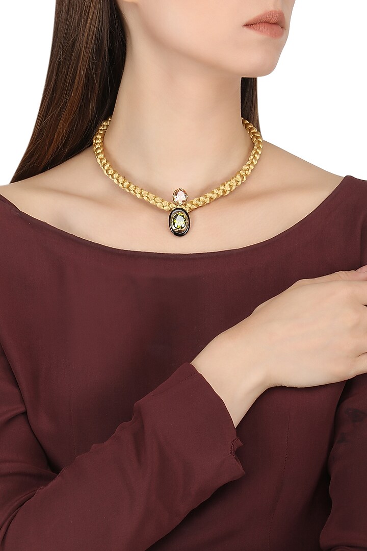 Gold plated oval black onyx, peach and green cubic zirconia stones pendant necklace available only at Pernia's Pop Up Shop.
