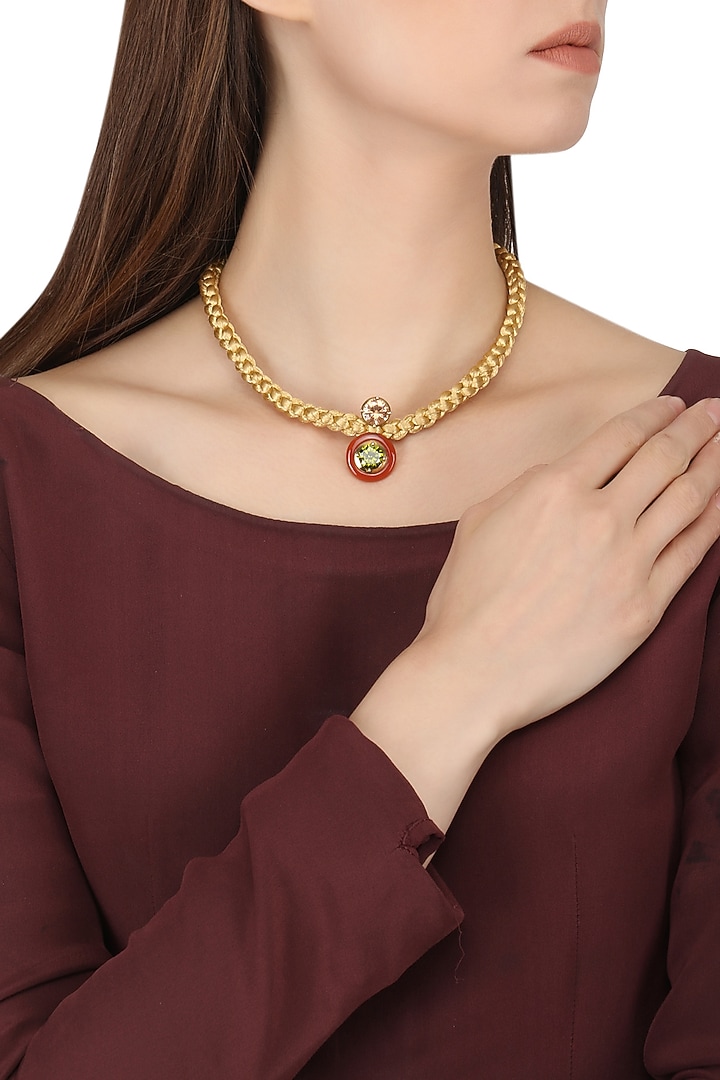 Gold plated red onyx, peach and green cubic zirconia stones pendant necklace available only at Pernia's Pop Up Shop.
