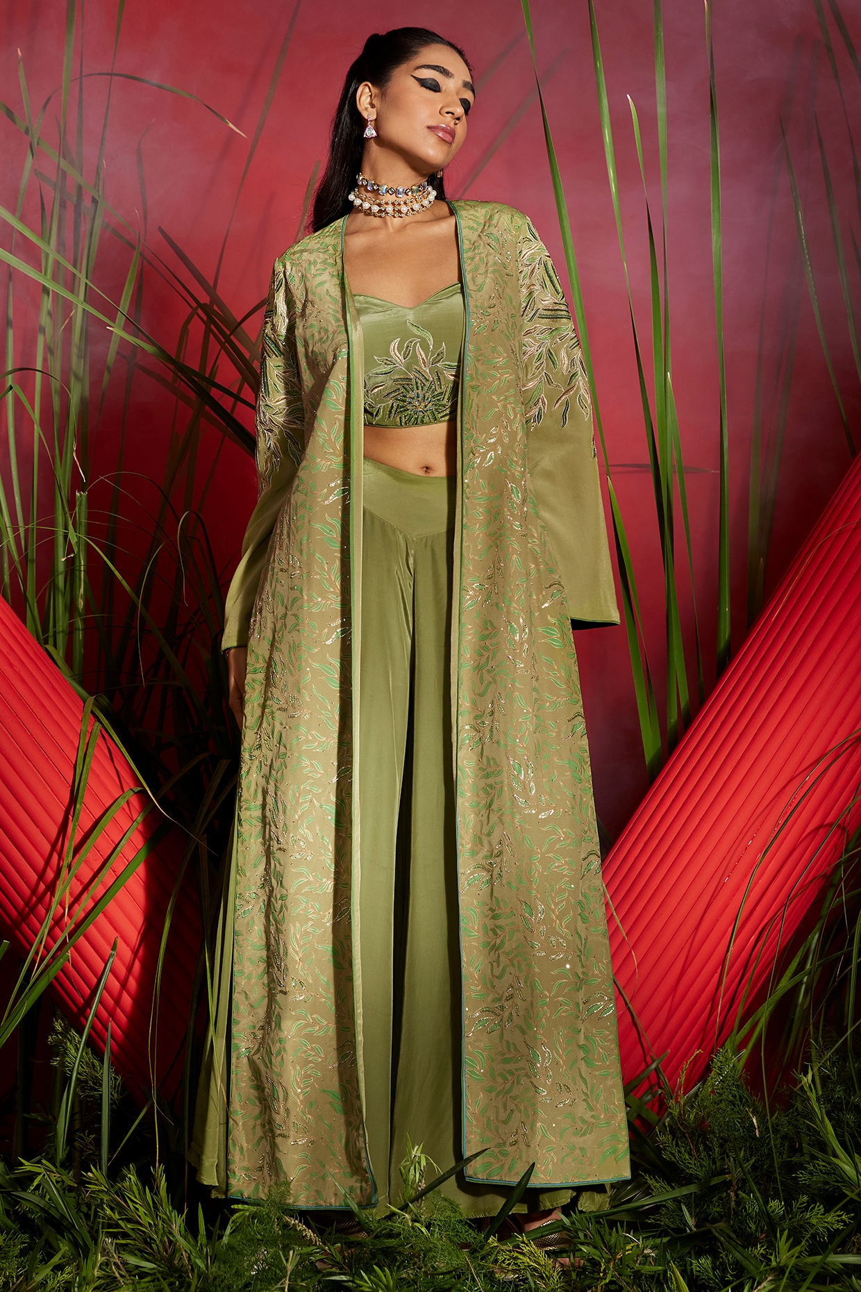 Pista Green Silk Crepe Printed & Embellished Jacket Set Design by