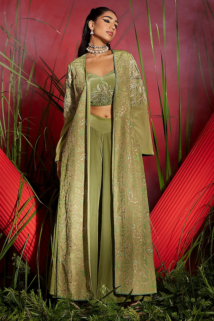 Pista Green Silk Crepe Printed & Embellished Jacket Set by SHREEKA