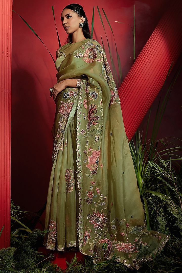 Olive Green Organza Silk Cutdana & Sequins Embellished Saree Set by SHREEKA