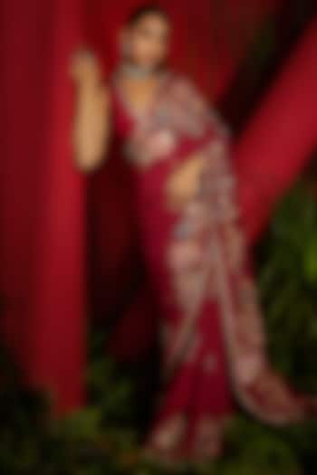 Deep Red Silk Crepe Embellished Saree Set by SHREEKA