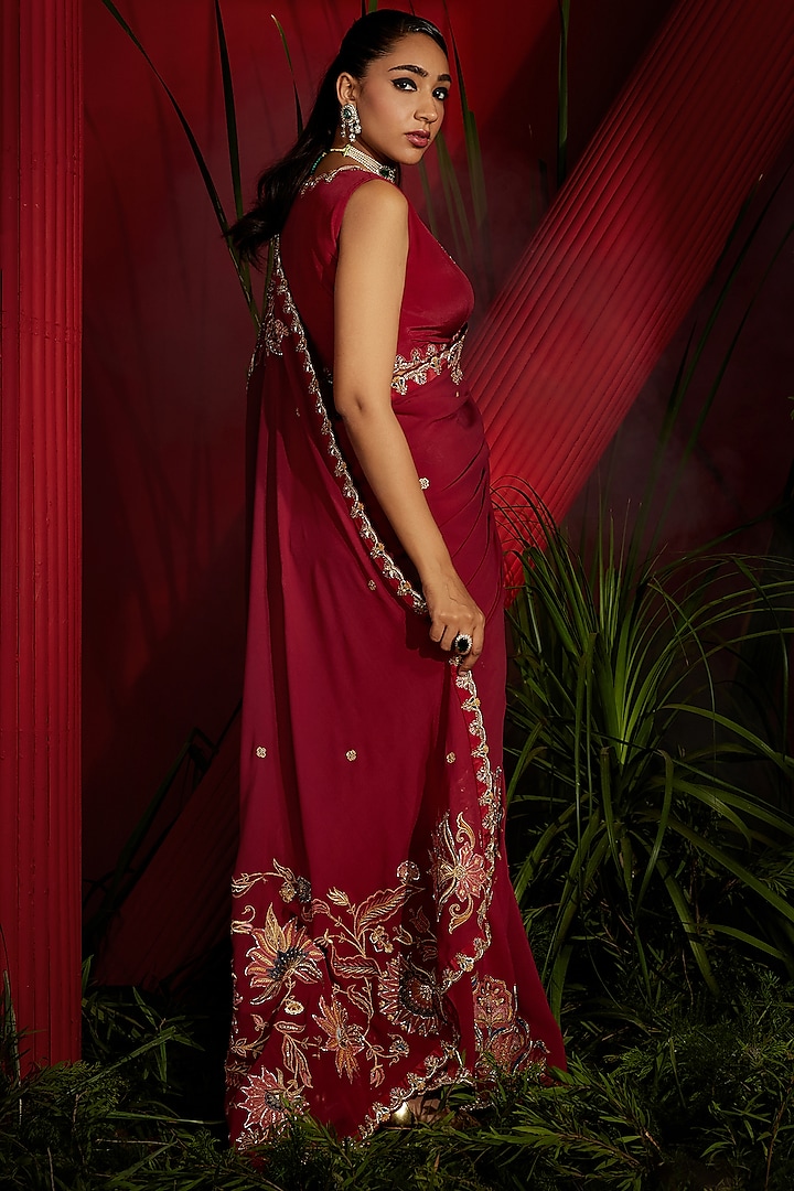 Deep Red Silk Crepe Embellished Reception Saree Set by SHREEKA at Pernia's Pop Up Shop