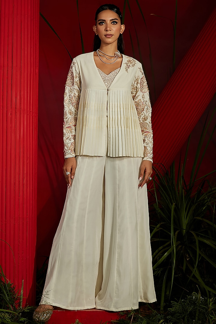 Ivory Georgette & Habutai Silk Jacket Set by SHREEKA at Pernia's Pop Up Shop