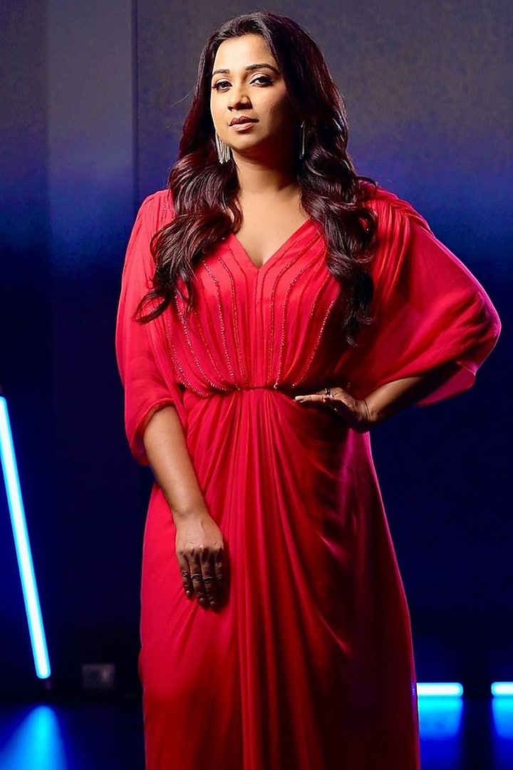 Red Georgette Crystal & Beads Hand Embroidered Draped Dress by Ewoke at Pernia's Pop Up Shop