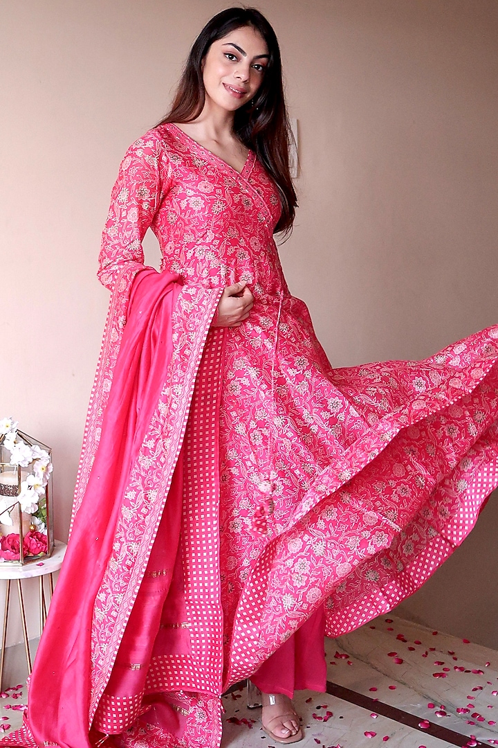 Pink Pure Chanderi Printed Anarkali Set by Shrutkirti