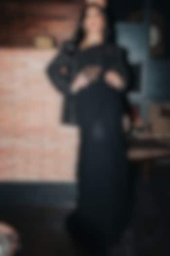 Black Georgette Ruffled Jacket Saree Set by Arpita Mehta