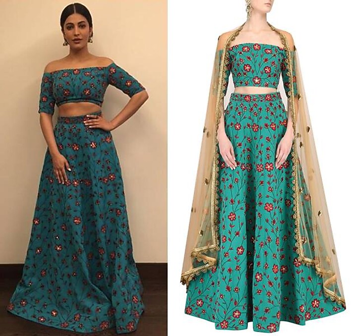 Teal Off Shoulder Floral Embroidered Lehenga Set available only at Pernia's Pop Up Shop.