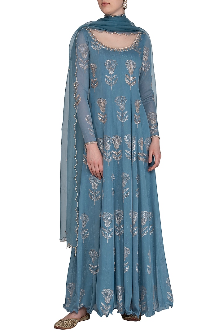 Blue Embroidered Printed Party Wear Anarkali With Dupatta by Show Shaa at Pernia's Pop Up Shop