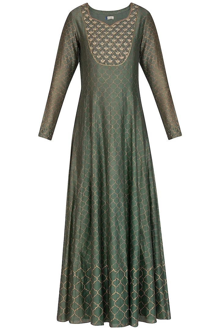 Olive Green Embroidered & Moroccan Block Printed Anarkali With Dupatta by Show Shaa
