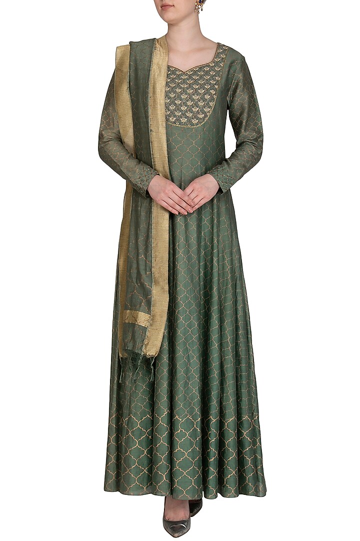 Olive Green Embroidered & Moroccan Block Printed Party Wear Anarkali With Dupatta by Show Shaa at Pernia's Pop Up Shop