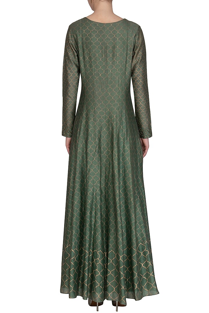 Olive Green Embroidered & Moroccan Block Printed Party Wear Anarkali With Dupatta by Show Shaa at Pernia's Pop Up Shop