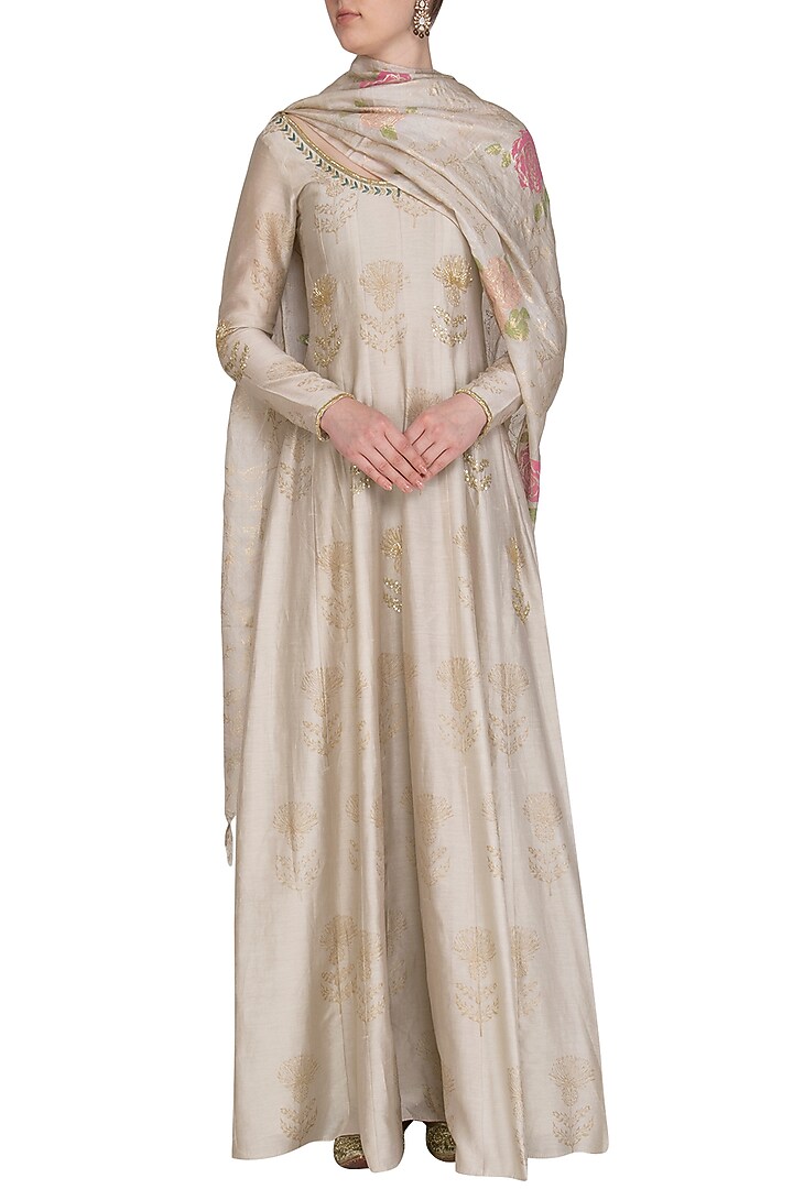 Beige Embroidered Printed Party Wear Anarkali Kurta WIth Dupatta by Show Shaa at Pernia's Pop Up Shop