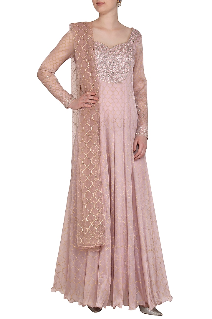 Onion Mauve Embroidered Printed Party Wear Anarkali With Dupatta by Show Shaa at Pernia's Pop Up Shop