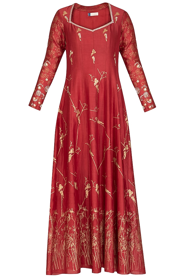 Red Embroidered Printed Anarkali With Dupatta by Show Shaa