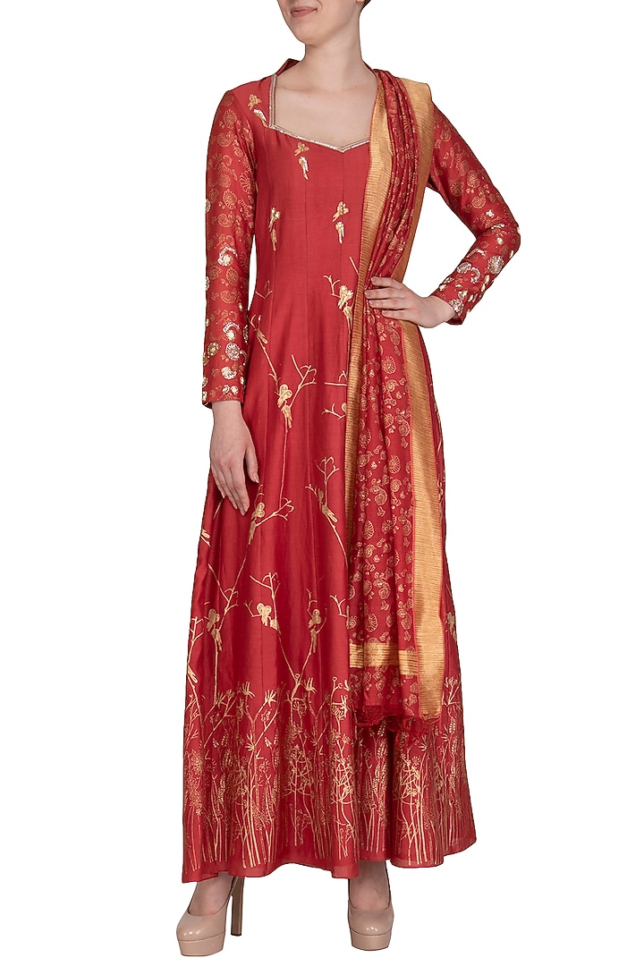 Red Embroidered Printed Party Wear Anarkali With Dupatta by Show Shaa at Pernia's Pop Up Shop