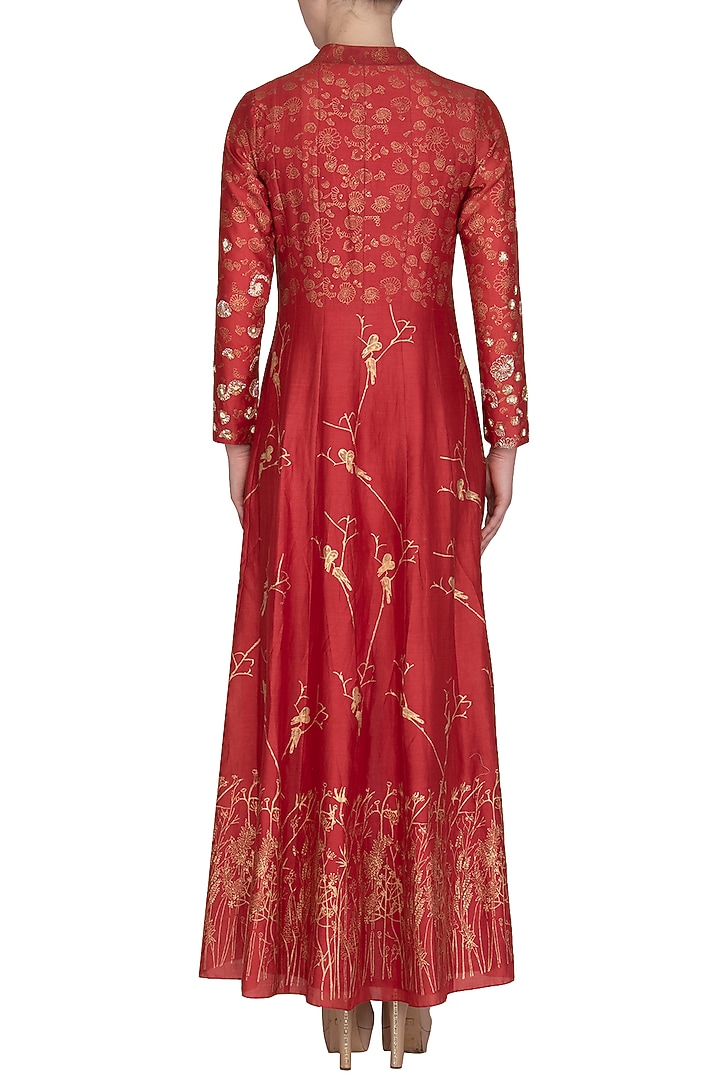Red Embroidered Printed Party Wear Anarkali With Dupatta by Show Shaa at Pernia's Pop Up Shop