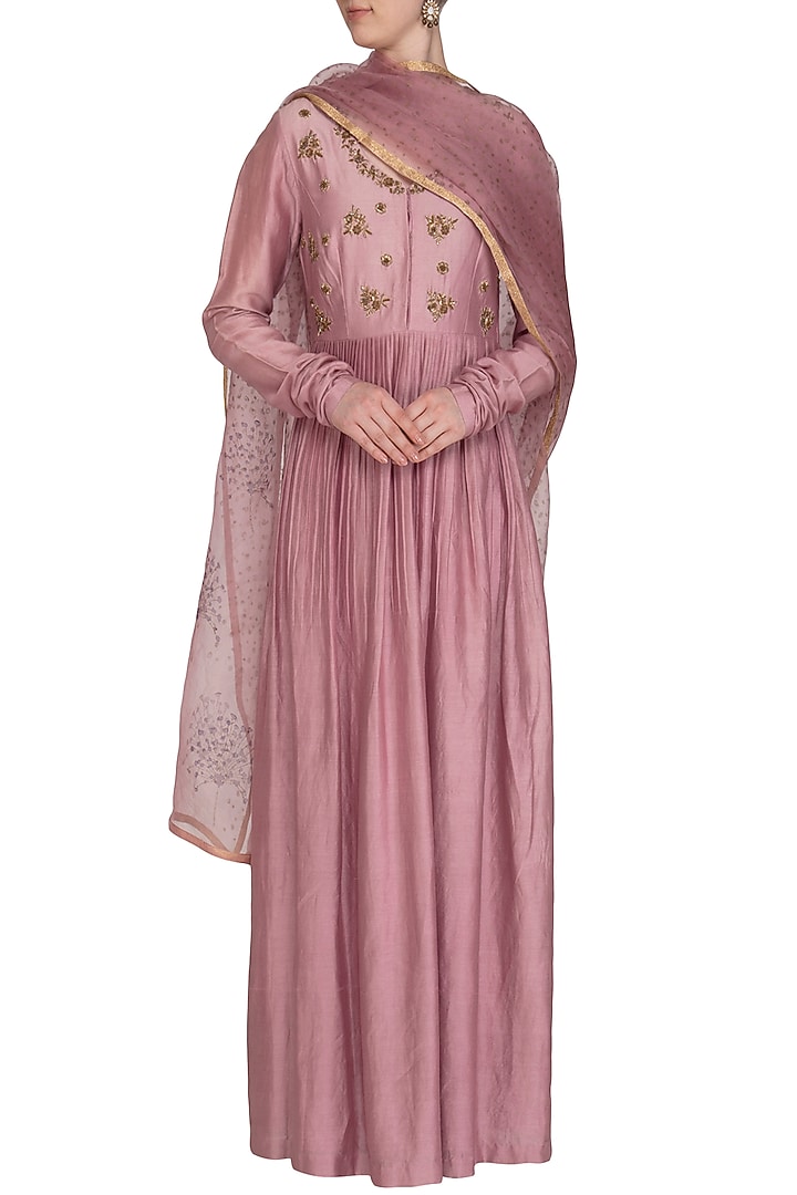 Plum Mauve Embroidered Party Wear Anarkali With Dupatta by Show Shaa at Pernia's Pop Up Shop