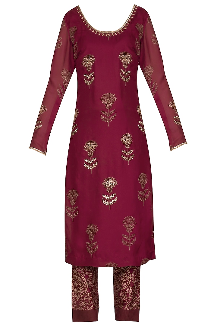 Wine Embroidered Printed Tunic Set by Show Shaa
