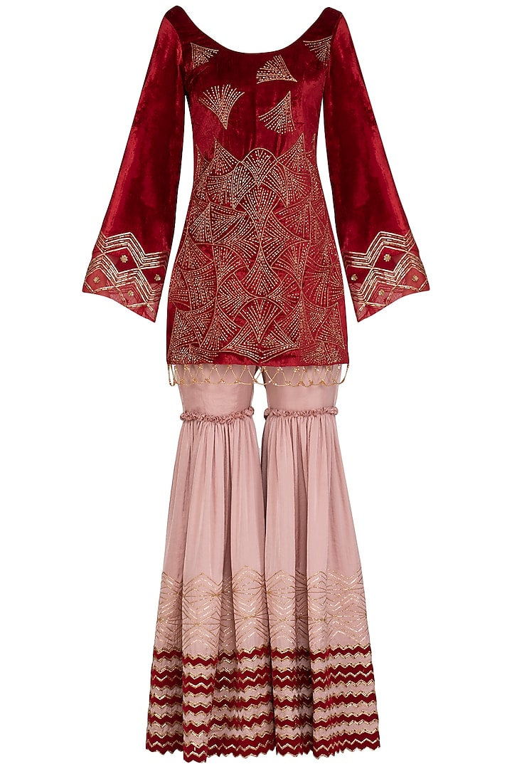 Red & Dusty Rose Pink Embroidered Gharara Set by Show Shaa