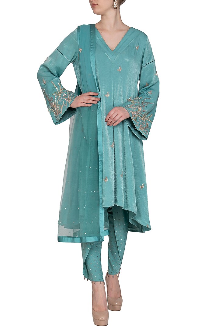 Sea Green Embroidered Party Wear Anarkali Set by Show Shaa at Pernia's Pop Up Shop