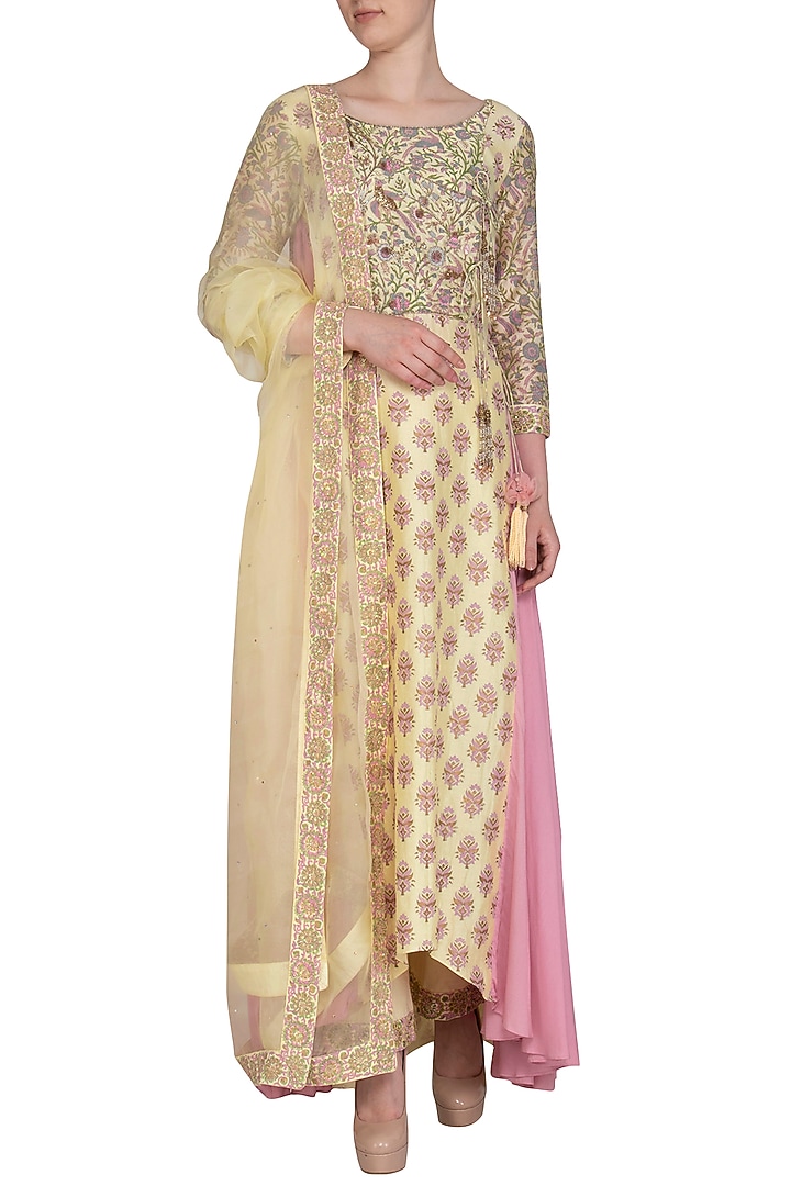 Lemon Yellow Embroidered Printed Angrakha Party Wear Anarkali Set by Show Shaa at Pernia's Pop Up Shop