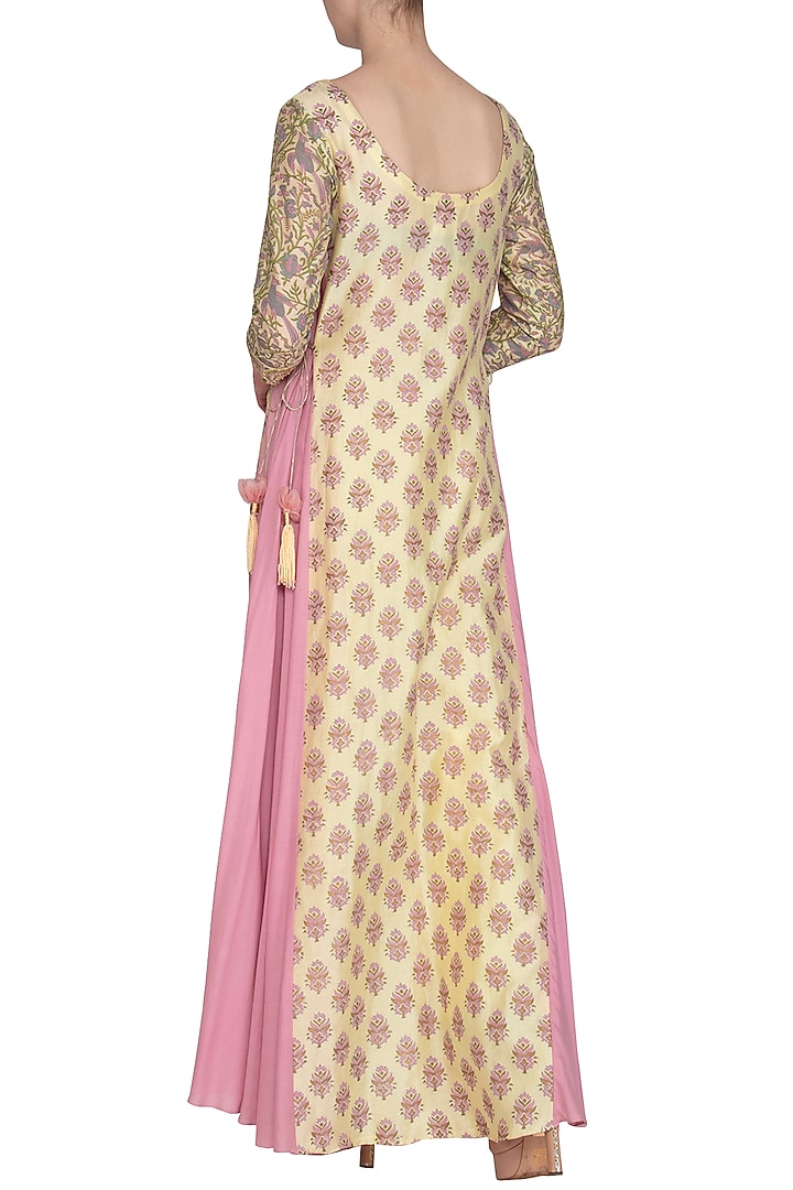 Lemon Yellow Embroidered Printed Angrakha Party Wear Anarkali Set by Show Shaa at Pernia's Pop Up Shop