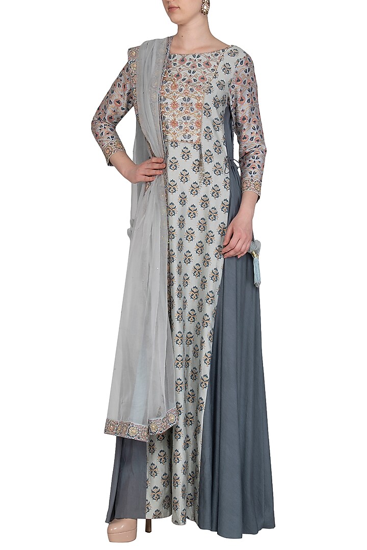 Grey Embroidered Printed Angrakha Party Wear Anarkali Set by Show Shaa at Pernia's Pop Up Shop