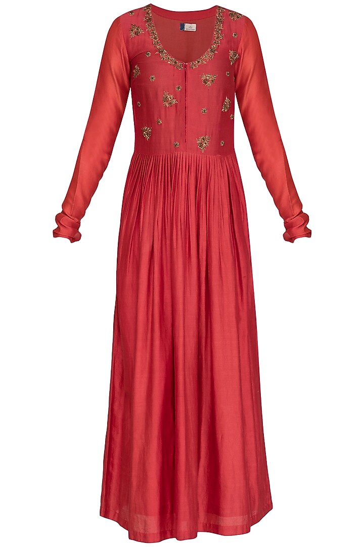 Deep Red Embroidered Party Wear Anarkali With Dupatta by Show Shaa at Pernia's Pop Up Shop