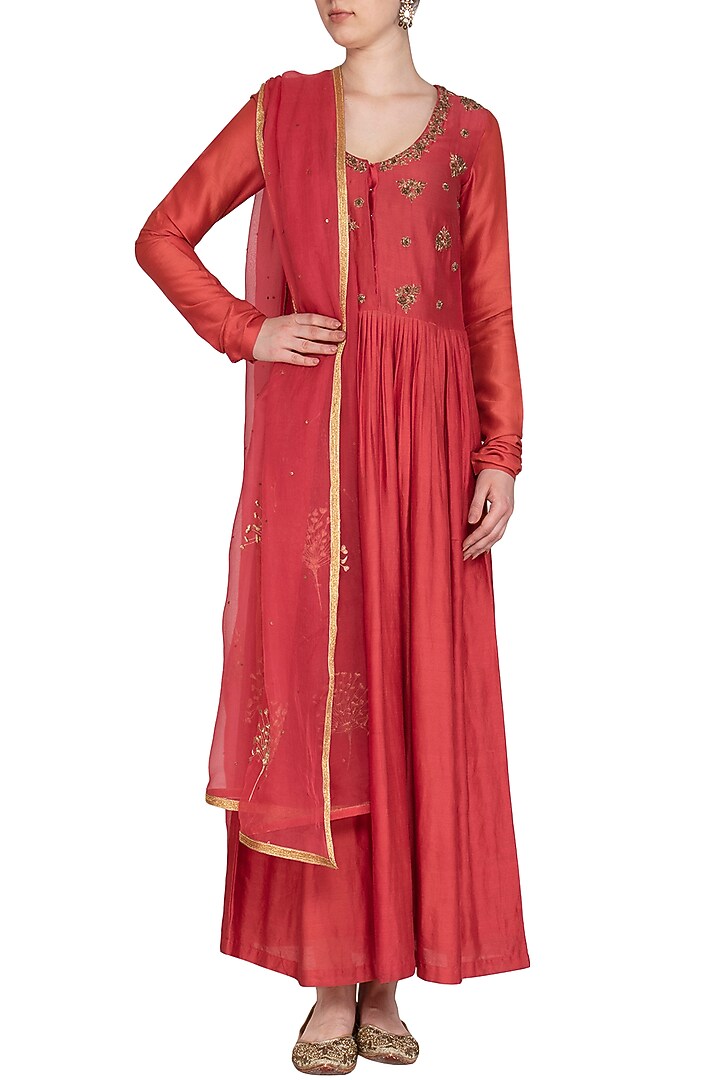 Deep Red Embroidered Party Wear Anarkali With Dupatta by Show Shaa at Pernia's Pop Up Shop
