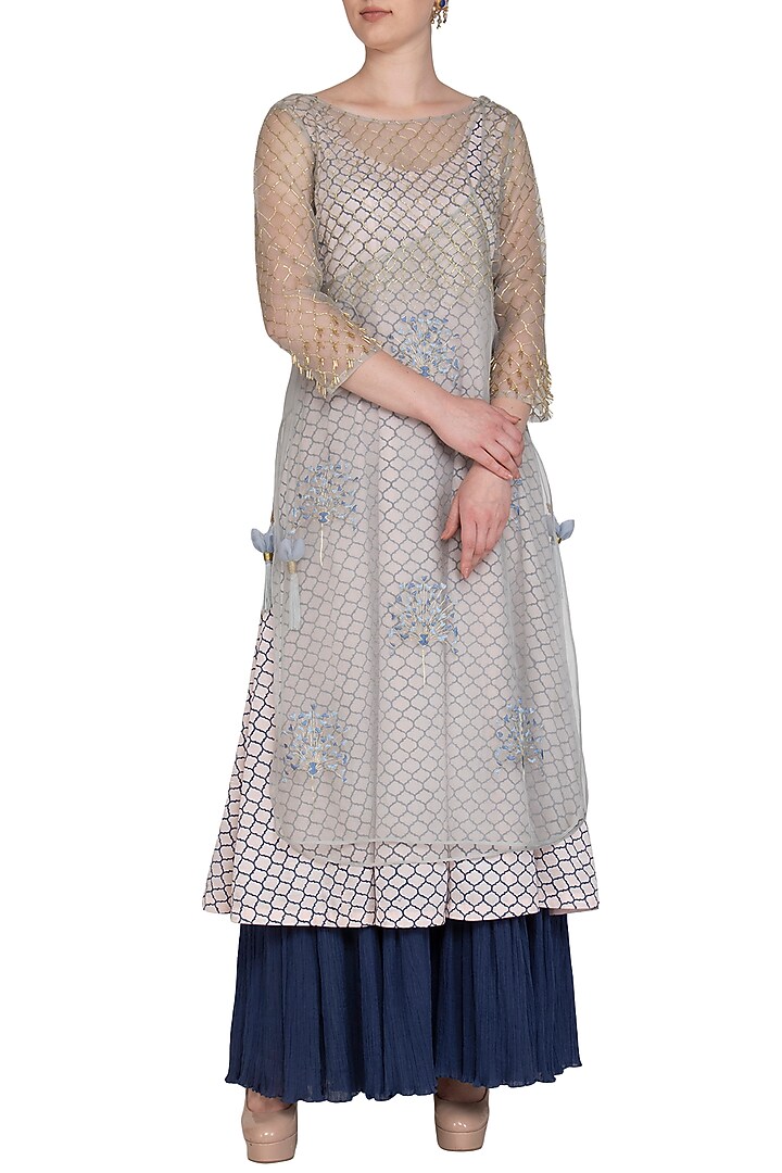 Blue Embroidered Angrakha With Printed Kurta & Pants by Show Shaa at Pernia's Pop Up Shop