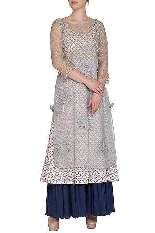 Blue Embroidered Angrakha With Printed Kurta & Pants by Show Shaa