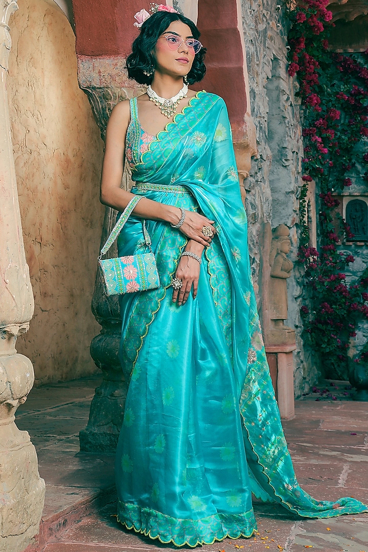 Aqua Blue Glass Silk Embroidered & Printed Saree Set by Show Shaa