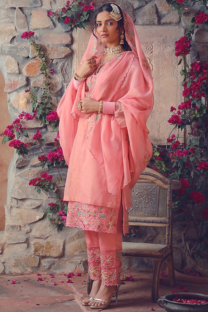 Peach Pure Kota Hand Embroidered Kurta Set by Show Shaa