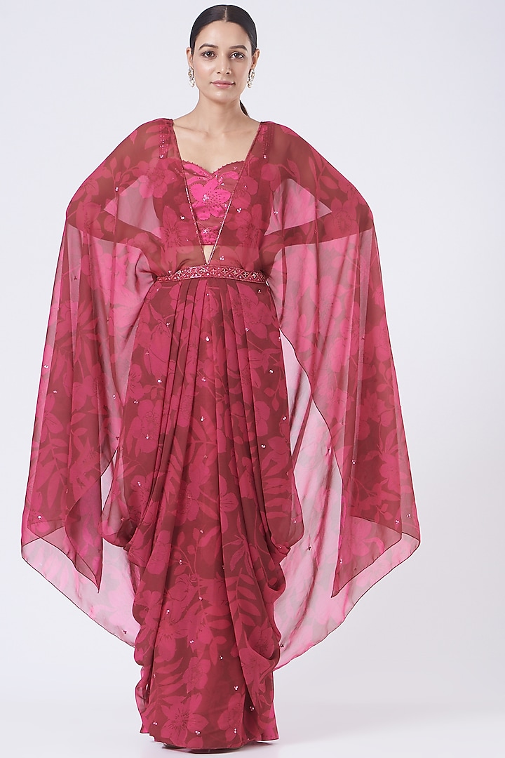 Fuchsia Georgette Draped Gown by Show Shaa