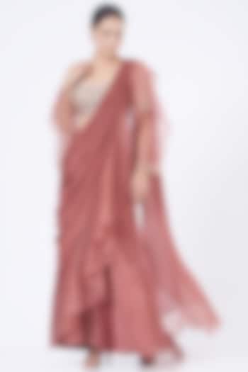 Dusty Pink Organza Draped Wedding Saree Set by Show Shaa at Pernia's Pop Up Shop