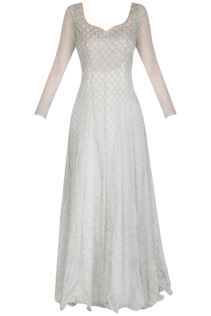 Mint Blue Embroidered & Block Printed Party Wear Anarkali With Dupatta by Show Shaa at Pernia's Pop Up Shop