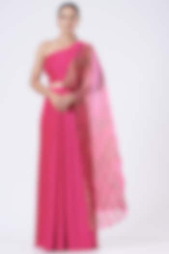 Fuchsia Pleated Satin Draped Saree Set by Show Shaa