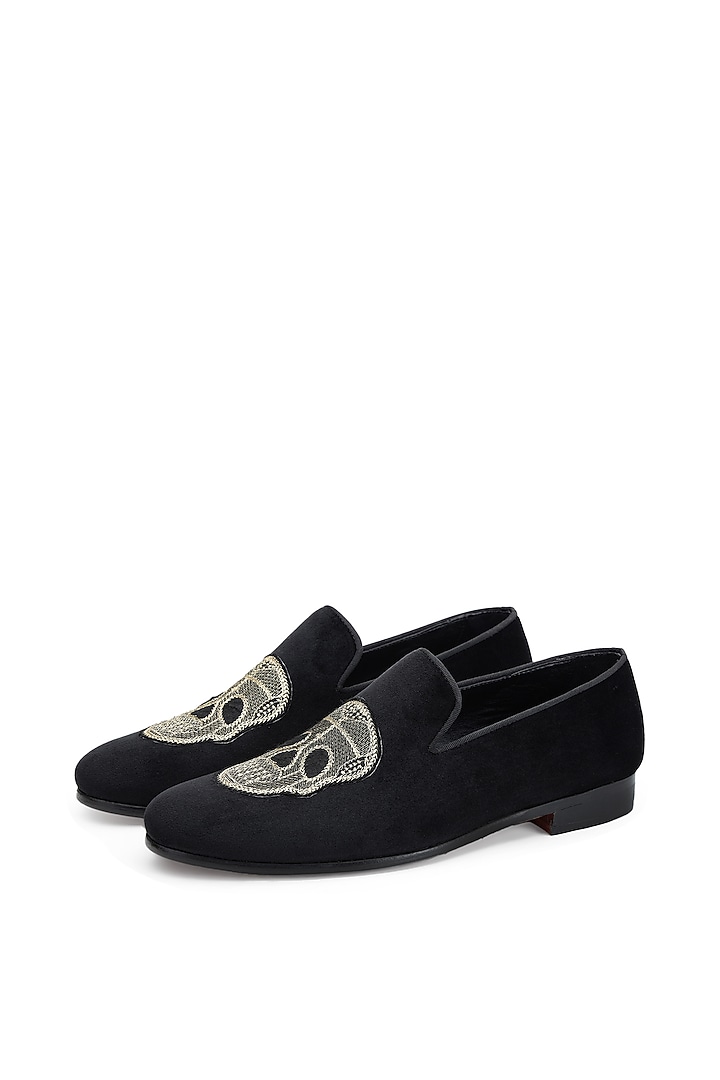 Black Velvet Hand Embroidered Slip-On Shoes by SHUTIQ at Pernia's Pop Up Shop
