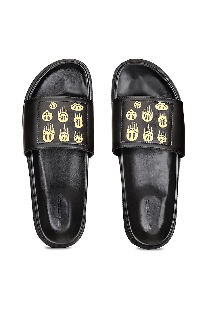 Black Leather Digital Printed Slippers by SHUTIQ