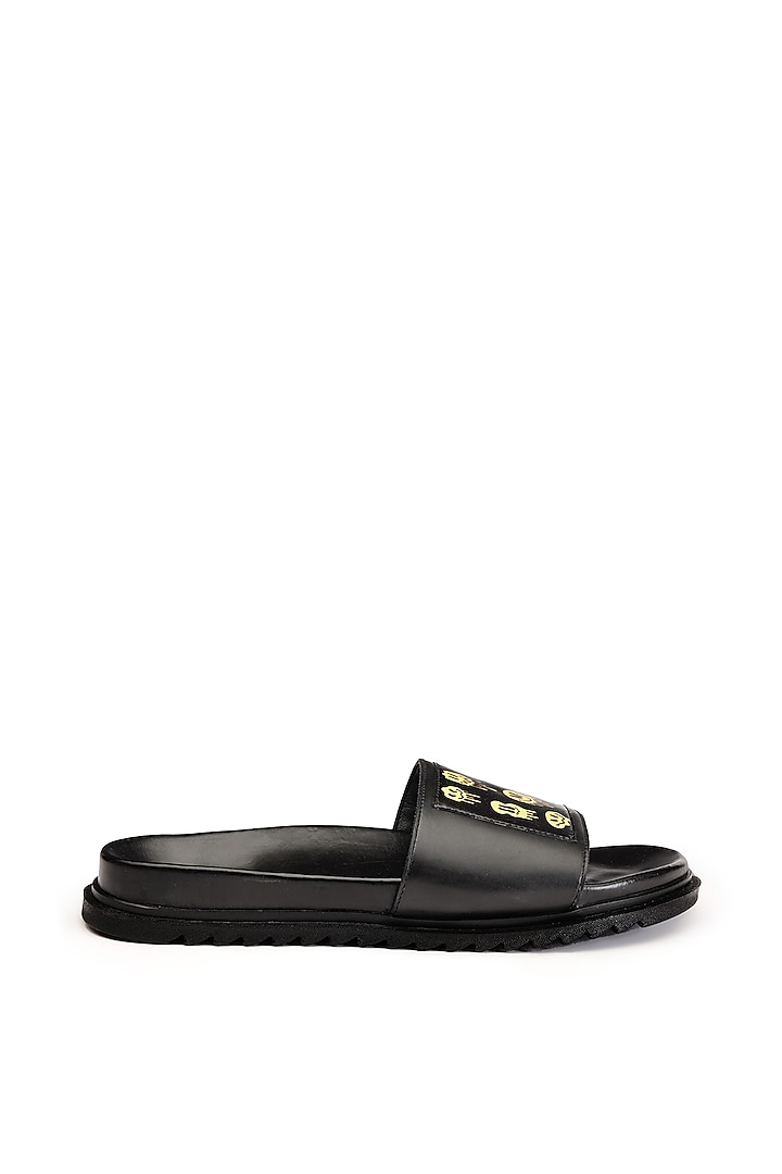 Black Leather Digital Printed Slippers by SHUTIQ at Pernia's Pop Up Shop