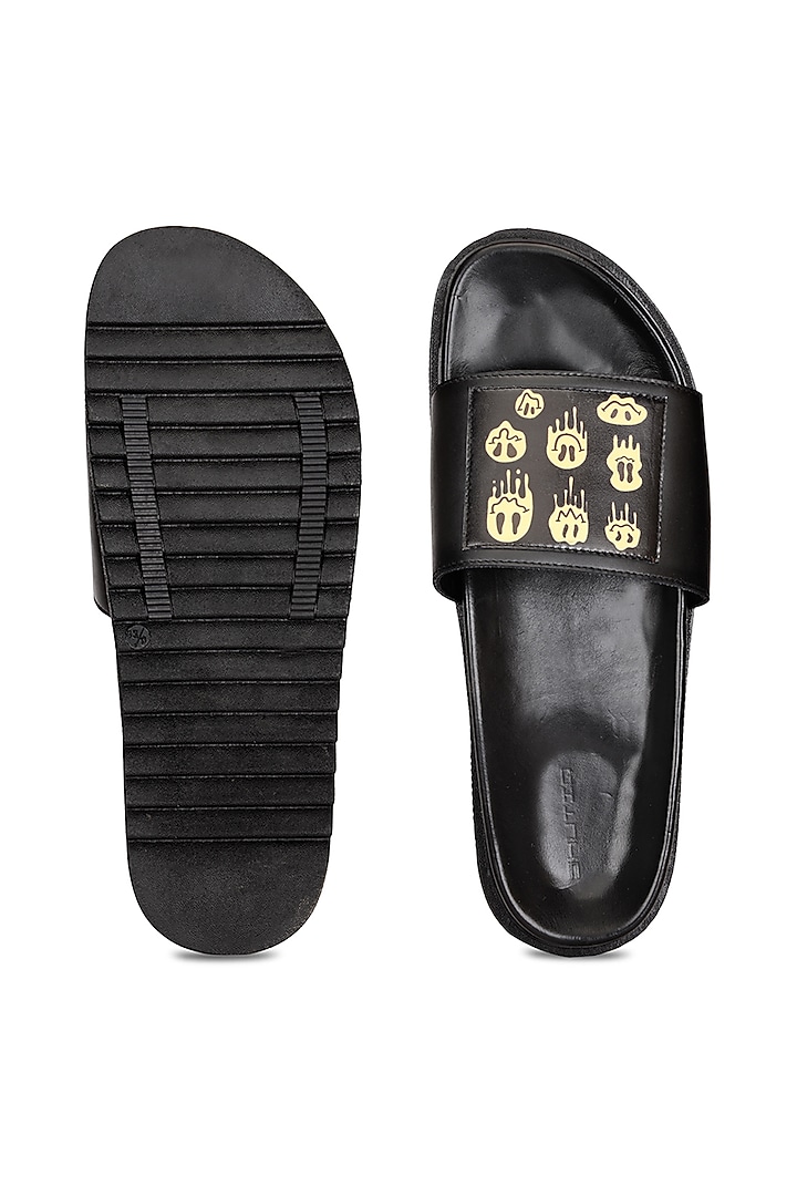 Black Leather Digital Printed Slippers by SHUTIQ at Pernia's Pop Up Shop