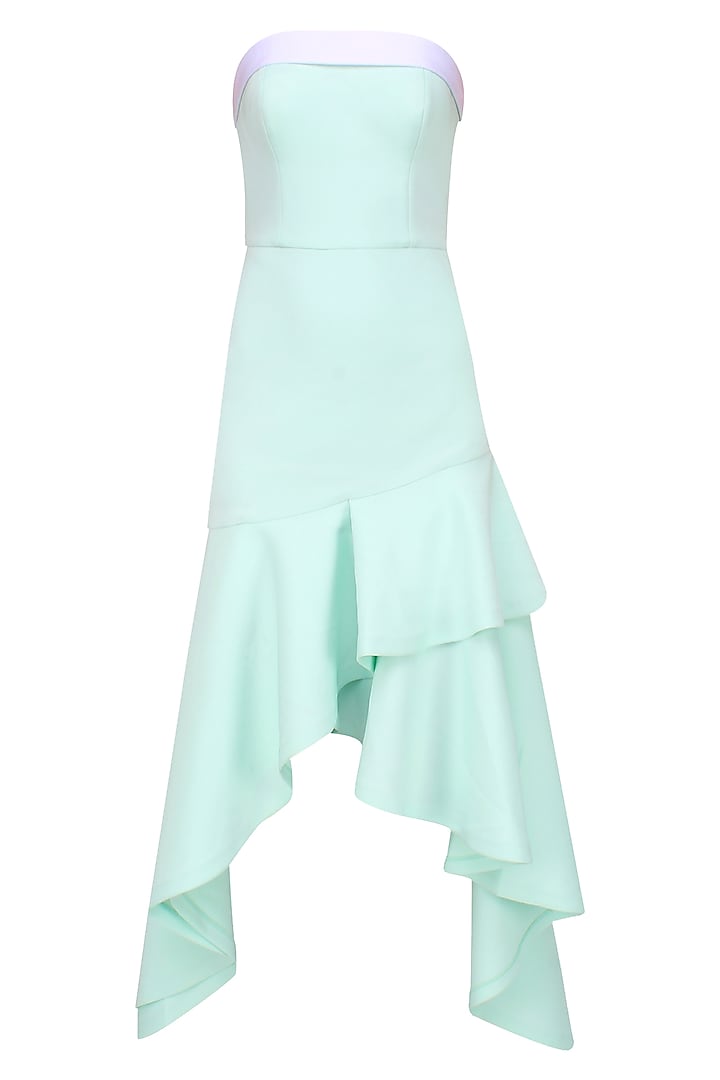Mint Green Ruffle Strapless Cascade Gown by Shivani Awasty